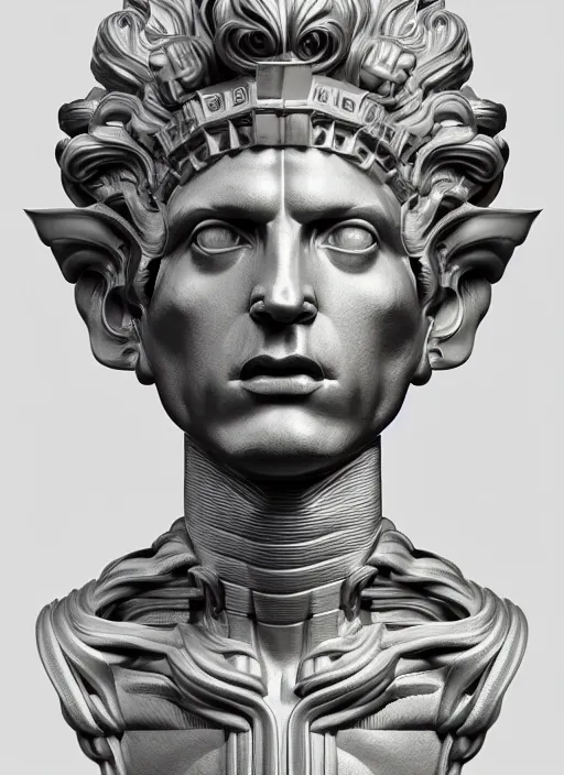 Image similar to stylized rainbow bismuth ornate statue full body made of marble of caesar, perfect symmetrical body, perfect symmetrical face, hyper realistic, hyper detailed, by johannen voss, by michelangelo, octane render, blender, 8 k, displayed in pure white studio room