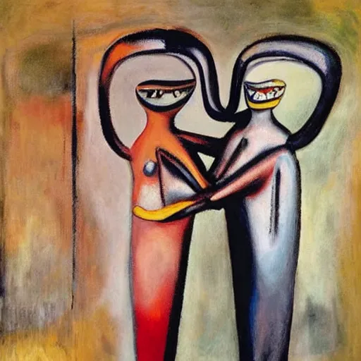 Image similar to Oil painting by Roberto Matta. Two mechanical gods kissing. Oil painting by Marlene Dumas. Dali.