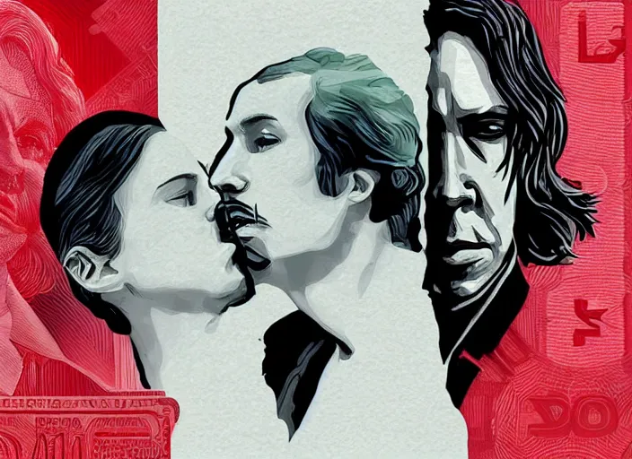 Image similar to reylo kissing, american dollar bill, rey and kylo ren