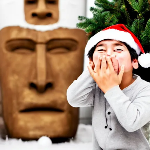 Image similar to a kid at christmas disappointed and crying looking a giant moai statue, his hands buried in his face, sitting down | inside of a house next to a christmas tree, large opened present box next to the moai