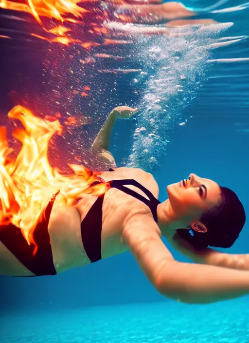Image similar to underwater view of a beautiful elegant woman swimming in a pool, flames of fire coming up from the bottom of the pool