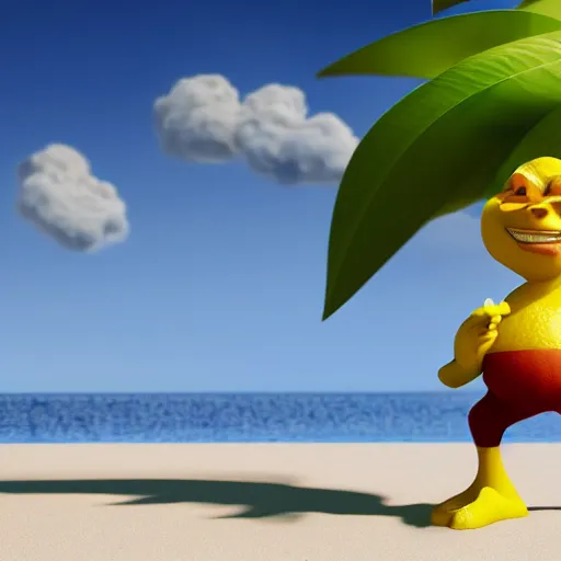 Image similar to a lemon cartoonish character, that is muscular, is relaxing on a beach, inspired by dalle - 2, octane render, 3 d, volumetric lightening