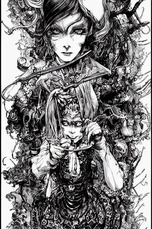 Image similar to Psycho Alice in wonderland tarot card , pen and ink, intricate line drawings, by Yoshitaka Amano, Ruan Jia, Kentaro Miura, Artgerm, watercolor