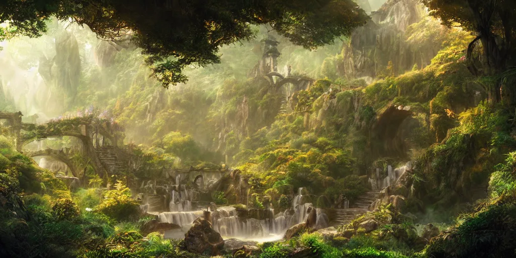Prompt: lush and beautiful concept art for rivendell, lord of the rings, peter jackson, studio ghibli, detailed, realistic lighting, volumetric lighting, golden hour,