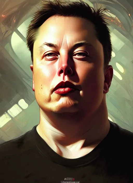 Prompt: very fat elon musk, portrait, intricate, elegant, highly detailed, digital painting, artstation, concept art, wallpaper, smooth, sharp focus, illustration, art by h. r. giger and artgerm and greg rutkowski and alphonse mucha