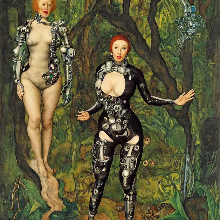 Image similar to a healthy curvy grinning dryad lady wearing a catsuit, who looks like a cybernetic alien stands pround in the middle of a river valley. around her are tropical birds and orchids. painted by jan van eyck, egon schiele and max ernst, trending on artstation, 8 k, award winning, high octane