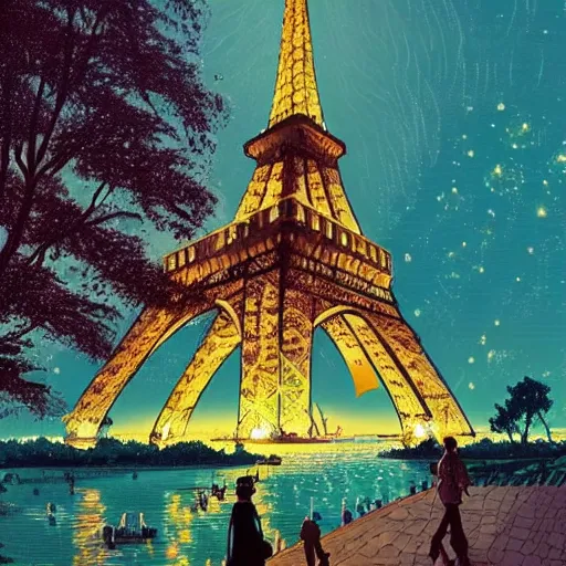 Prompt: eiffel tower in front of a lake with gardens and waterfall vibrant highlights sharp contrast trending pixiv fanbox by victo ngai makoto shinkai takashi takeuchi studio ghibli