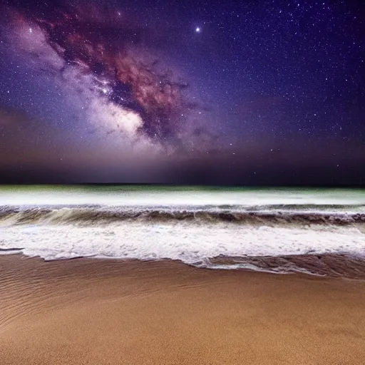 Image similar to calm peaceful beach at night, dark sky lit up with stars, alone, nighttime, waves, shore, sand
