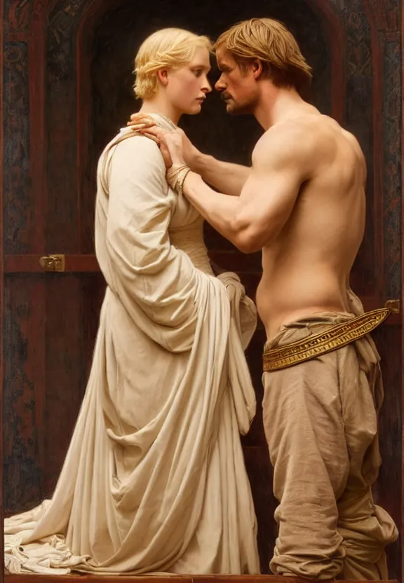 Image similar to attractive handsome fully clothed jaime lannister confesses his love for attractive fully armored brienne of tarth. centered composition. highly detailed painting by gaston bussiere and j. c. leyendecker and william adolphe bouguereau and fra angelico and octane render, musee d'orsay 8 k