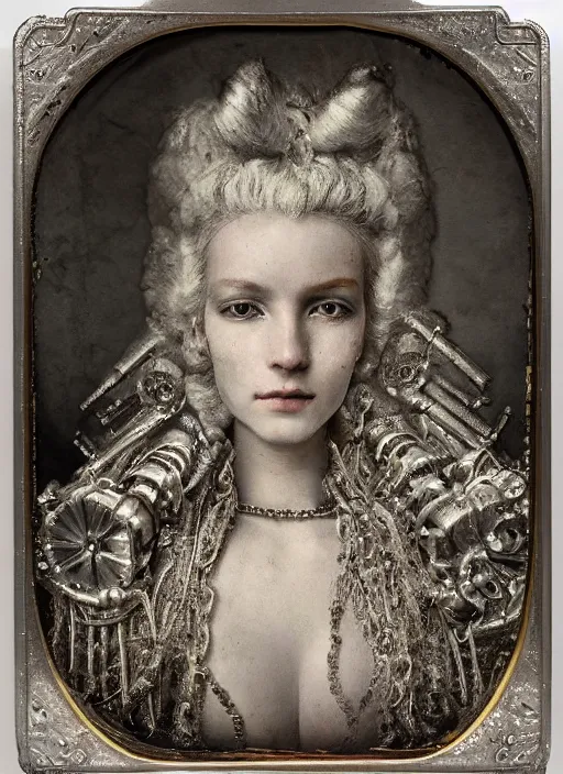 Image similar to old wetplate daguerreotype frame portrait of a futuristic silver armored young looking marie antoinette cyborg, fractal, intricate, elegant, highly detailed, subsurface scattering, by jheronimus bosch and greg rutkowski and louis jacques mande daguerre