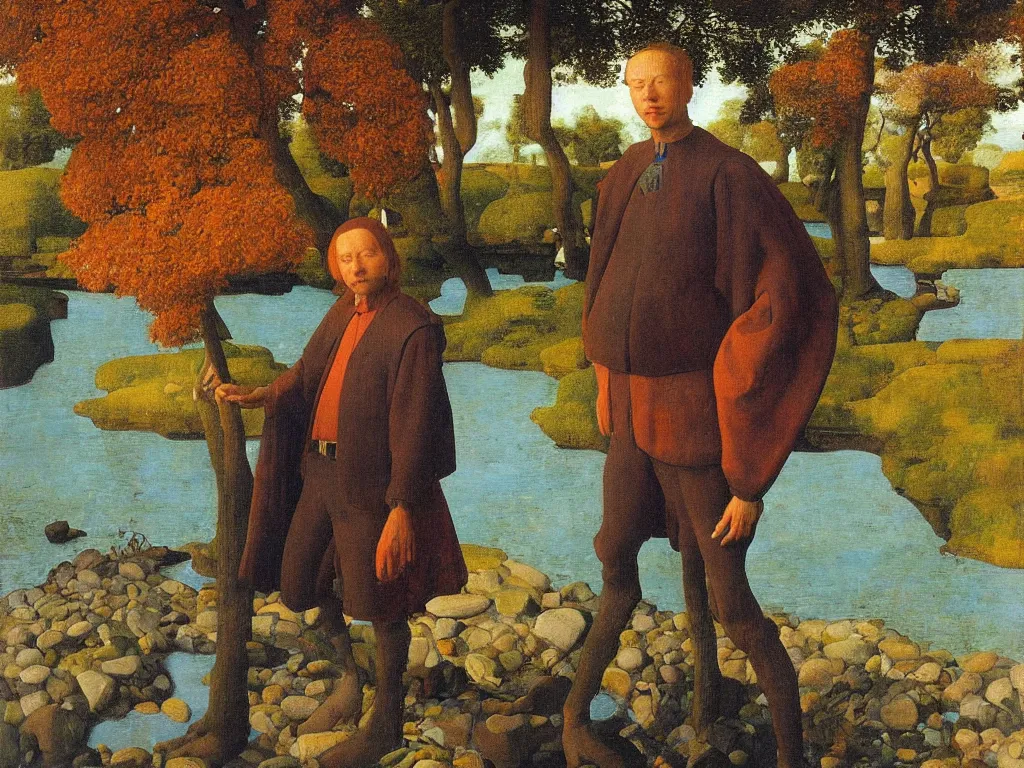 Prompt: Portrait of an artist in front of his canvas, knee deep in a river. Humanoid rocks, coral-like pebbles, autumn light. Painting by Jan van Eyck, Georges de la Tour, Rene Magritte, Jean Delville, Max Ernst, Walton Ford