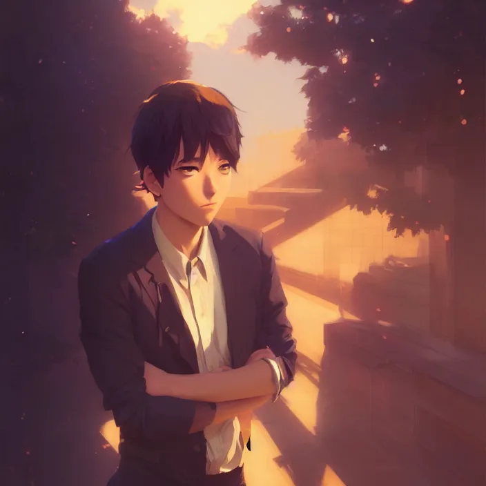 Prompt: a potrait of anime guy, fine details, night setting, realistic shaded lighting poster by ilya kuvshinov, katsuhiro, artgerm, jeremy lipkin, michael garmash, nixeu, unreal engine 5, radiant light, detailed and intricate environment