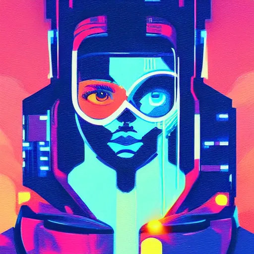 Prompt: a graph - style gouache impasto huge robot head in front of her, cyberpunk art by by james gilleard, mucha, cgsociety, retrofuturism, synthwave, retrowave, outrun