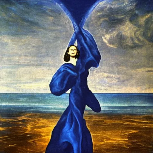 Prompt: Marlene Dietrich levitating over the sea. El Greco, Remedios Varo, Salvador Dali, Carl Gustav Carus, John Atkinson Grimshaw. Blue tint. Symetrical, logo, geometric shapes.