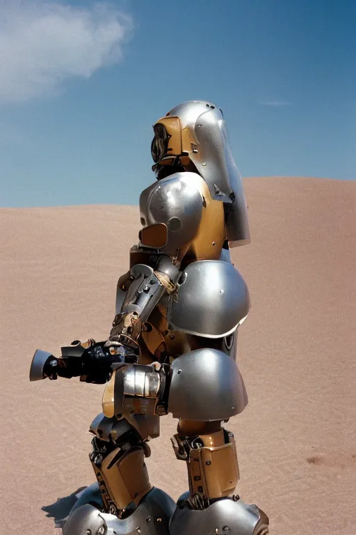 Prompt: Kodak portra 160, 8K, highly detailed, portrait, focus on steel armor: famous retrofuturism mecha in high budget joan of arc movie remake, epic desert scene