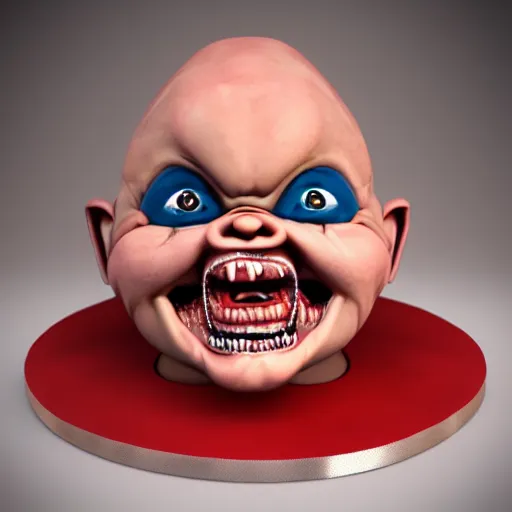 Image similar to birthday cake shaped like screaming chucky doll, octane render, centered