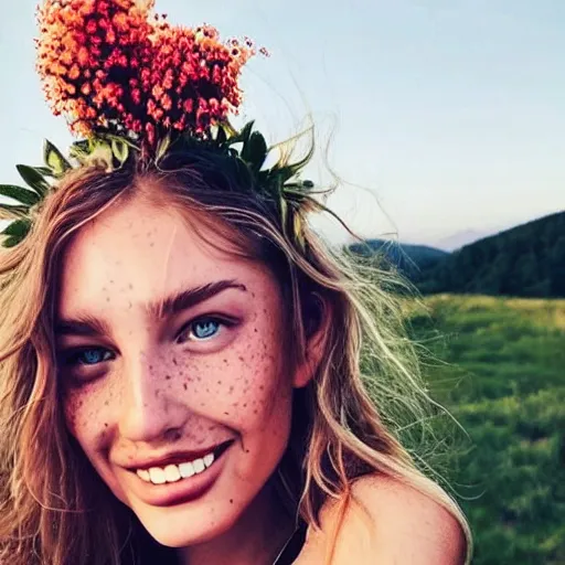 Image similar to a trending photo of over a million views from a female fashion model's instagram account, summer, freckles, smile, green eyes, natural, easygoing, healthy