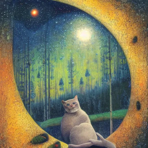 Image similar to psychedelic amber eyes cat eyes lush pine forest, outer space, milky way, designed by arnold bocklin, jules bastien - lepage, tarsila do amaral, wayne barlowe and gustave baumann, cheval michael, trending on artstation, star, sharp focus, colorful refracted sparkles and lines, soft light, 8 k 4 k