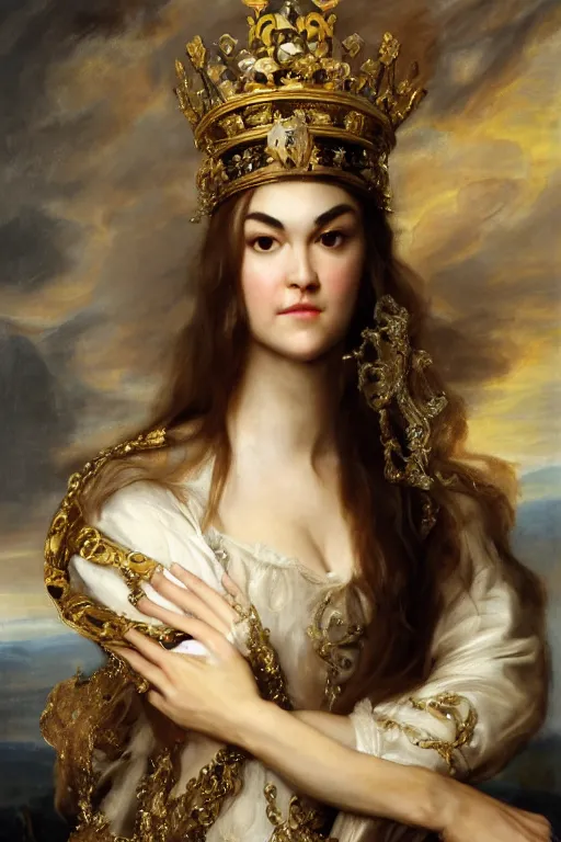 Prompt: Gorgeous full-body renaissance portrait of Sasha Grey as a queen of fantasy kingdom, front view, gold, artstation, very beautiful, luxurious, impressive, soft light, by Anthony van Dyck and Daniel Gerhartz