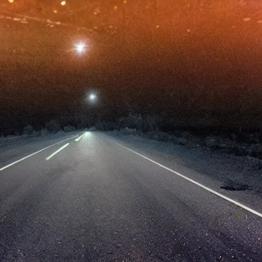 Prompt: skinwalker on a desolate road illuminated by cars headlights dashcam footage