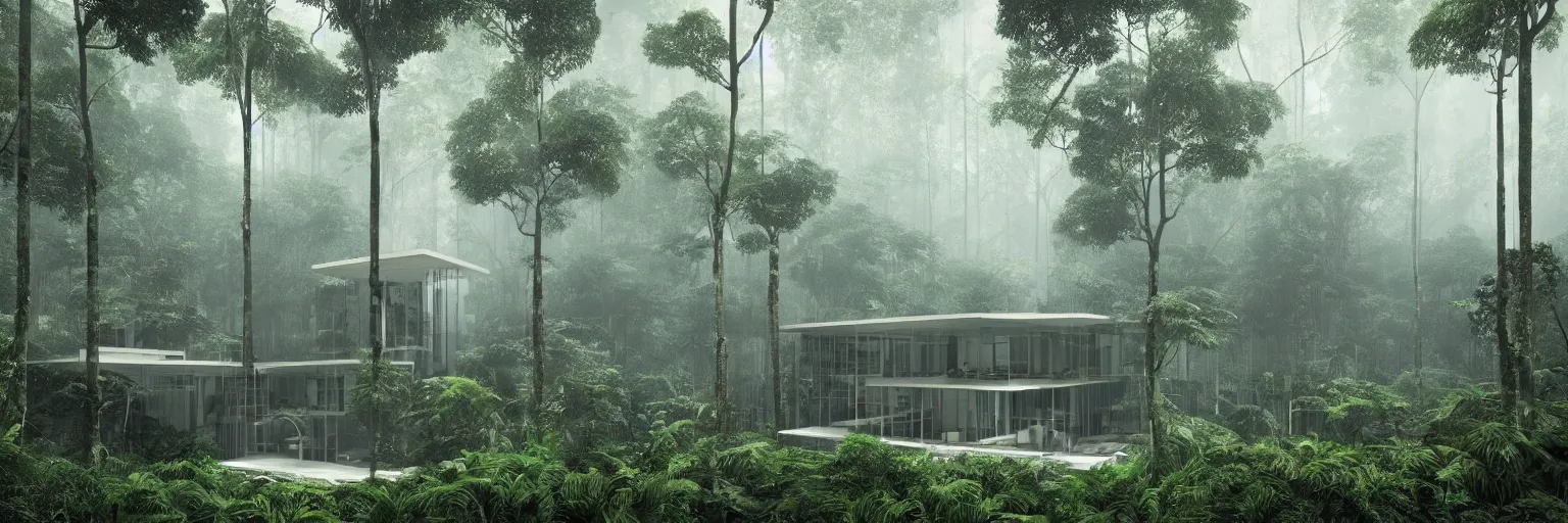 Prompt: modern architecture inspired by mies van der rohe deep in the rainforest. nature is taking over. matte painting in the style of craig mullins. mist. cinematic. octane render.