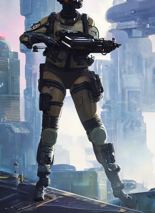 Prompt: Diana. USN special forces futuristic recon operator, cyberpunk military hazmat exo-suit, on patrol in the Australian autonomous zone, deserted city skyline. 2087. Concept art by James Gurney and Alphonso Mucha. (Black ops, Cyberpunk 2077, eon flux, Titanfall, Apex Legends, Blade runner 2049, rb6s