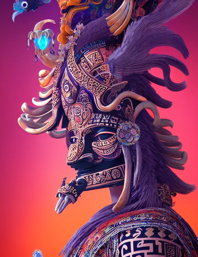 Image similar to 3 d goddess close - up profile portrait aztec with ram skull. beautiful intricately detailed japanese crow kitsune mask and clasical japanese kimono. betta fish, jellyfish phoenix, bio luminescent, plasma, ice, water, wind, creature, artwork by tooth wu and wlop and beeple and greg rutkowski