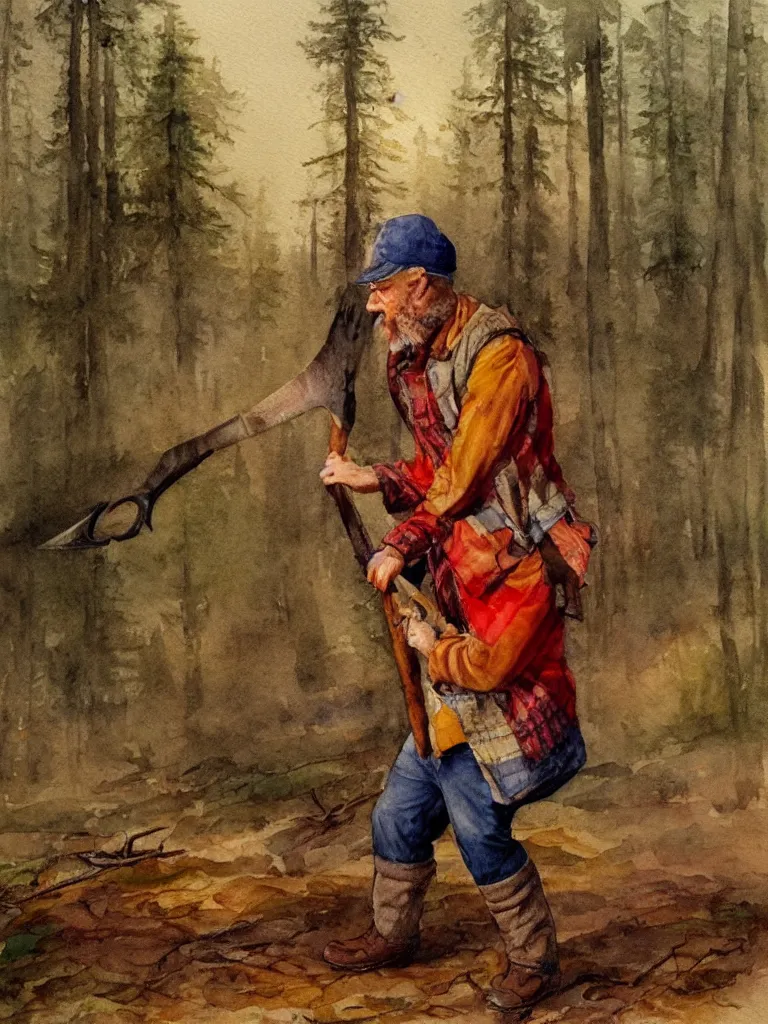 Image similar to a watercolor painting of a man wearing lumberjack clothes and holding a axe by william turner, forest in the background, warm colors, anatomically correct, five fingers, realistic and defined face, realistic, digital painting, masterpiece, watercolor, william turner, symmetrical, low contrast, warm