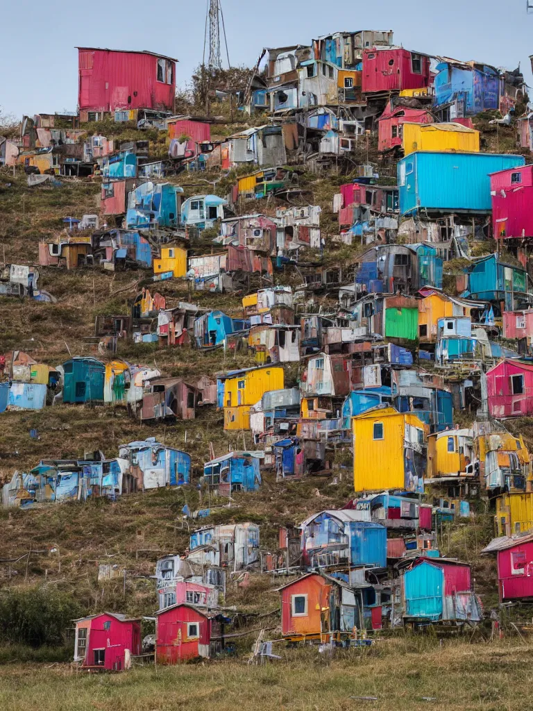 Image similar to a tower made up of colourful makeshift squatter shacks, dystopia, sony a 7 r 3, f 1 1, fully frontal view, photographed by jeanette hagglund