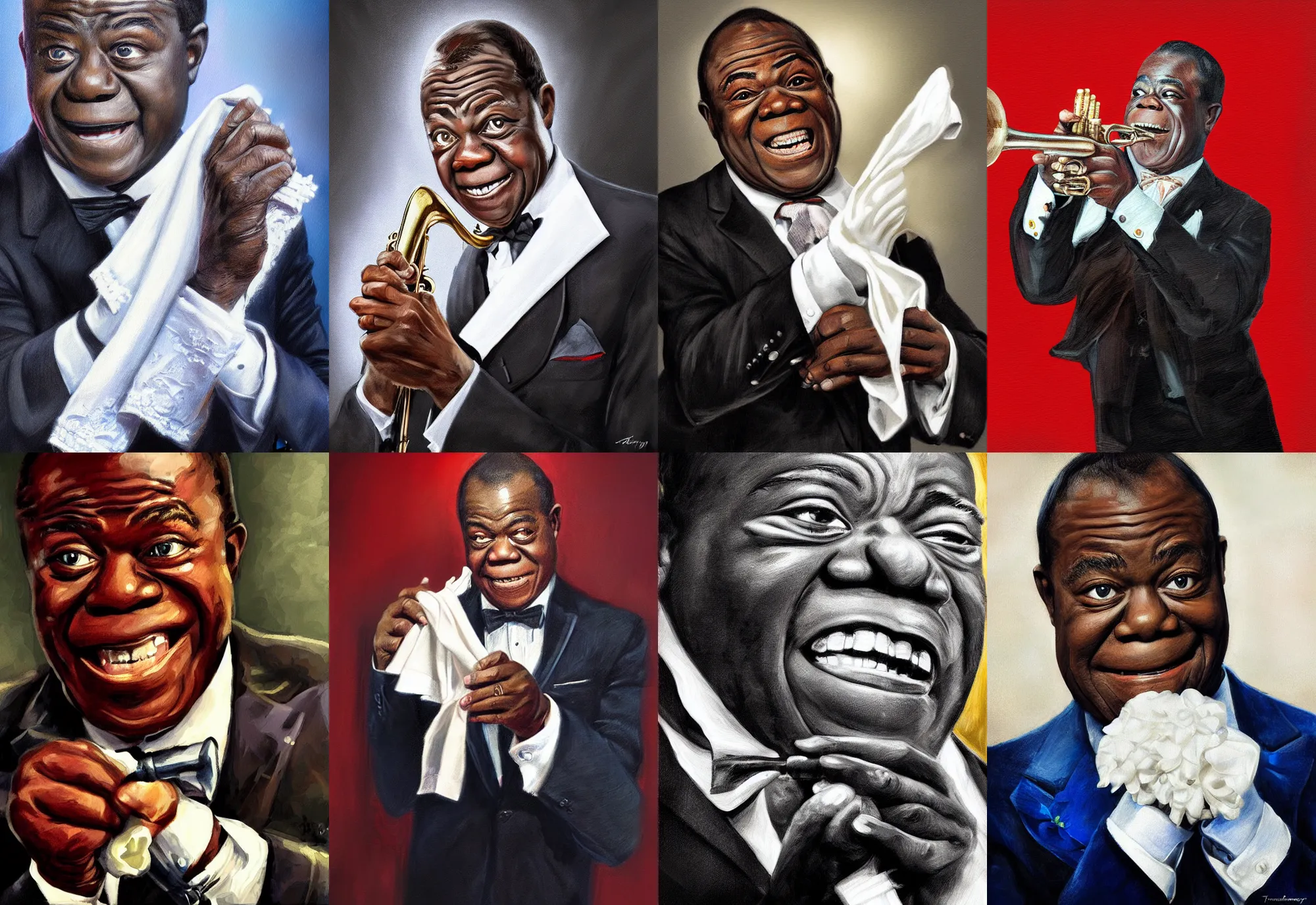 Prompt: a portrait of louis armstrong holding a white handkerchief, by tai - shan schierenberg, dramatic lighting, highly detailed digital painting