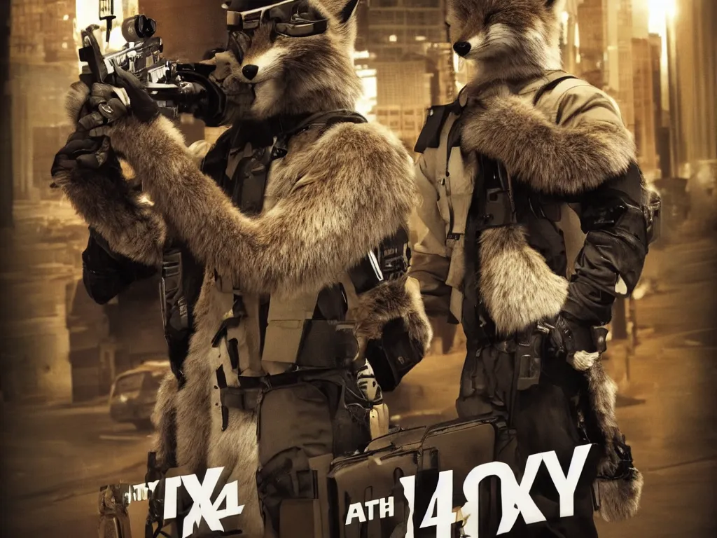 Prompt: movie poster anthro fox furry in the tv show 24, wearing an awesome uniform, city streets, fursona, anthropomorphic, furry fandom, film still