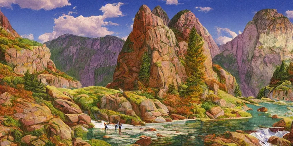 Image similar to background is beautiful idyllic poster illustration for a craggy ice valley national park by ludwig hohlwein, ludwig hohlwein, photoshopped on top is a close - up of grandma photorealistic eating crayons