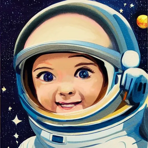 Image similar to a cute little girl with a round cherubic face, blue eyes, and short wavy light brown hair smiles as she floats in space with stars all around her. she is an astronaut, wearing a space suit. beautiful cartoon painting with highly detailed face by quentin blake and greg rutkowski