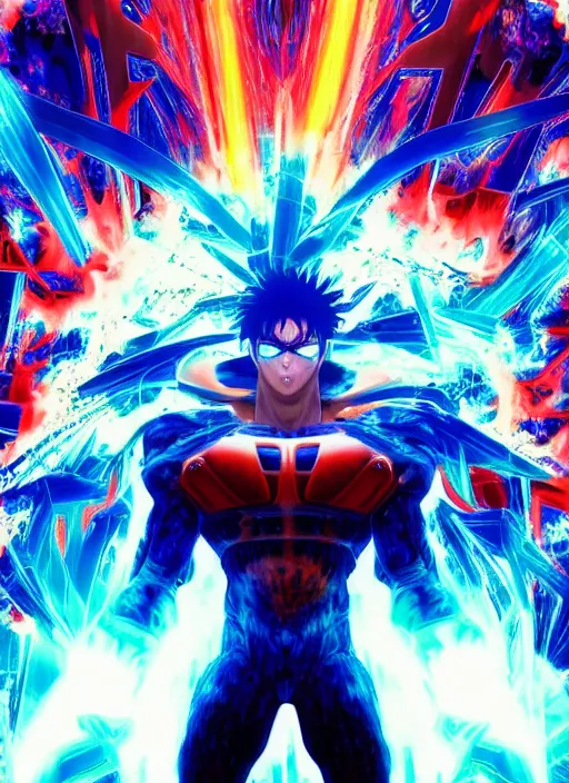 Image similar to Cyber Ultra Instict Goku Portrait, Smooth Digital Artwork, Fractal Chaos Background, Rendered in Maya, Hyperdetailed, Cinematic Shot, in style of Kentaro Miura