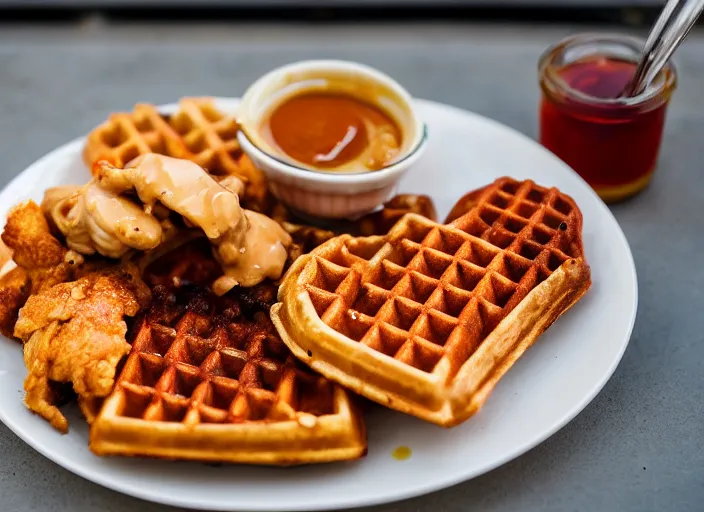 Image similar to dslr food photograph of chicken and waffles drizzled with maple syrup and hot sauce with a side of cole slaw, 8 5 mm f 1. 8