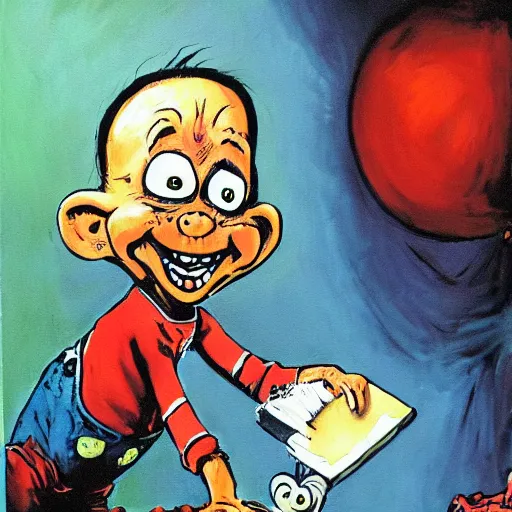 Image similar to painting of chucky doing a handstand by dr seuss | horror themed | creepy