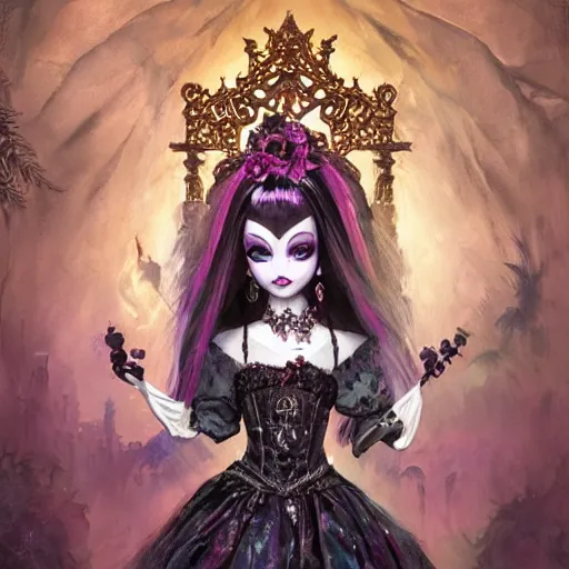 Image similar to baroque bedazzled gothic royalty frames surrounding a watercolor portrait of monster high draculaura doll, stephen bliss, unreal engine, by greg rutkowski, loish, rhads, makoto shinkai and lois van baarle, ilya kuvshinov, rossdraws, global illumination, radiant light, detailed and intricate environment, watercolor lighting