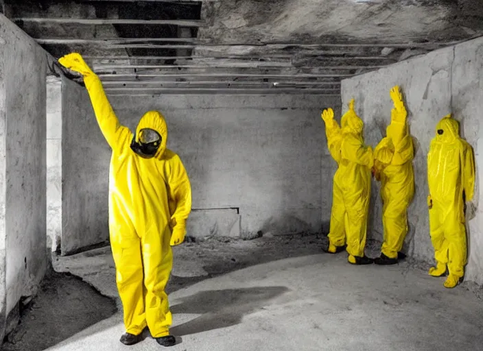 Prompt: a man in a yellow hazmat suit opens a portal to hell in an underground brutalist storeroom