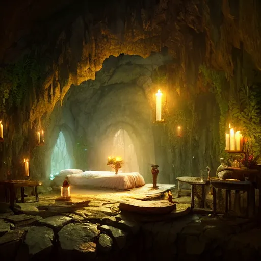 Prompt: cozy bathhouse hidden in a cave, candlelight, towels, cushions, natural light, lush plants and flowers, elegant, intricate, fantasy, atmospheric lighting, digital painting, Greg Rutkowski concept art