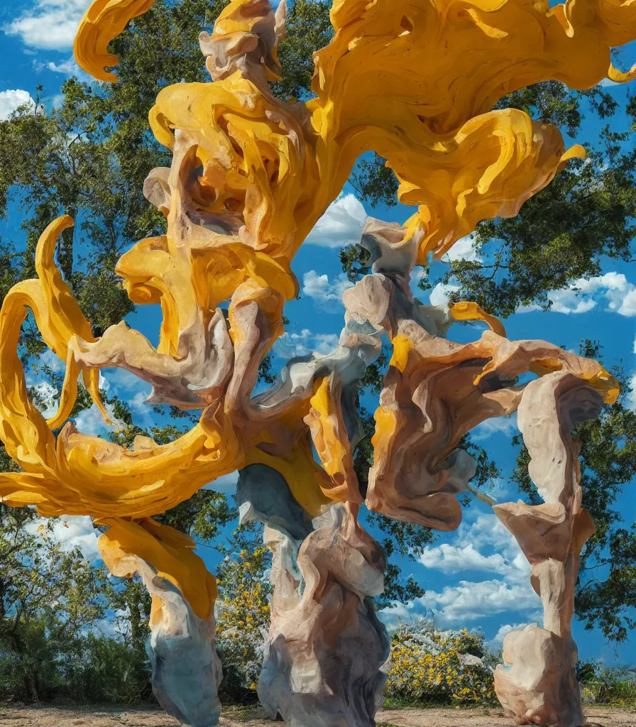 Image similar to a cowboy turning into blooms by slim aarons, by zhang kechun, by lynda benglis. tropical sea slugs, brutalist monumental angular sharp tractor tires. complementary colors. warm soft volumetric dramatic light. national geographic. 8 k, rendered in octane, smooth gradients. sculpture by antonio canova. yellow accents.