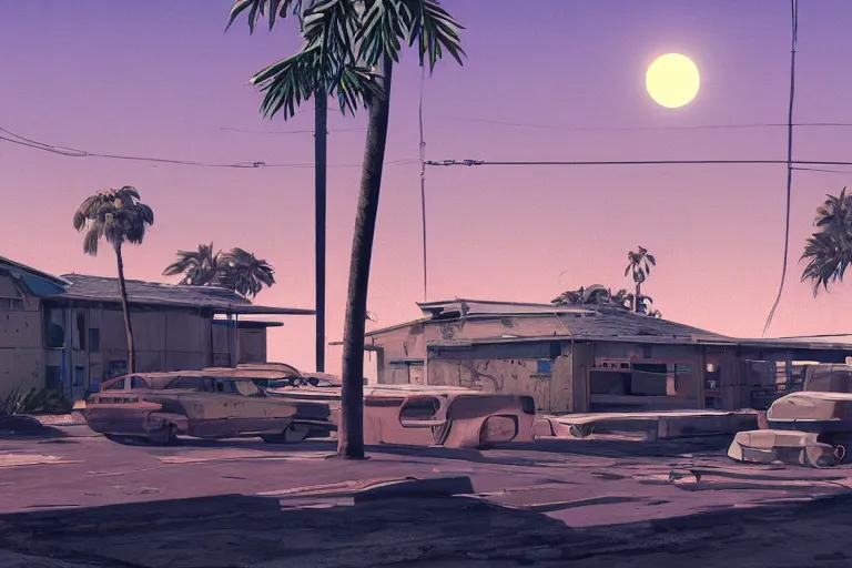 Image similar to broken robot | abandoned motel | palm trees | snowy mountains | moon in sky, painting by syd mead and weta studio and moebius and james jean and frank frazetta, gta san - andreas game screenshot, highly detailed, rule of third, soft lighting, architectural magazine, insanely intricate details, artstation trending, hypermaximalistic, high details, cinematic