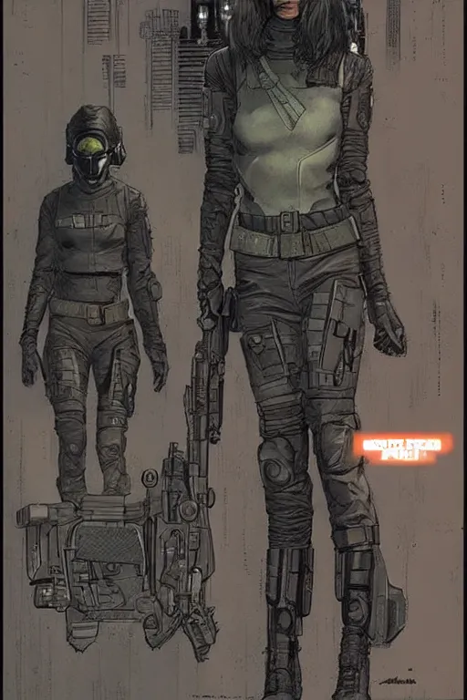 Image similar to selina kyle. blackops mercenary in near future tactical gear, stealth suit, and cyberpunk headset. Blade Runner 2049. concept art by James Gurney and Mœbius.