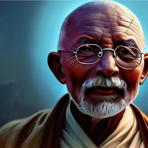 Image similar to a photorealistic portrait of ghandi as a jedi in star wars cinematic lighting, photorealistic, octane render, 8 k, depth of field, 3 d, art by artgerm and greg rutkowski and alphonse mucha and uang guangjian and gil elvgren and sachin ten