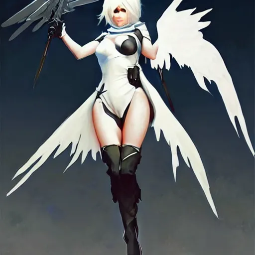 Image similar to greg manchess painting of a 2 yorha type a no. 2 as mercy from overwatch!! in a wartorn environment!!, white long hair, large white wings, trending on artstation, by huang guangjian and gil elvgren and sachin teng