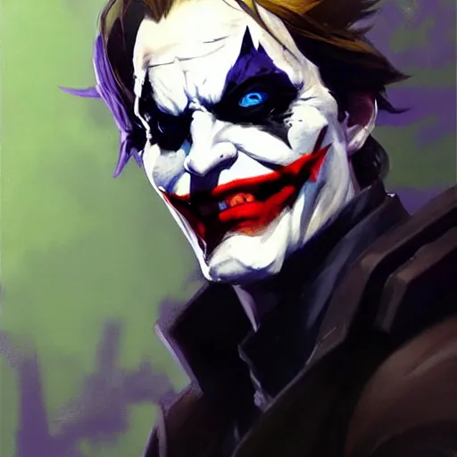 Image similar to Greg Manchess portrait painting of Joker as Overwatch character, medium shot, asymmetrical, profile picture, Organic Painting, sunny day, Matte Painting, bold shapes, hard edges, street art, trending on artstation, by Huang Guangjian and Gil Elvgren and Sachin Teng
