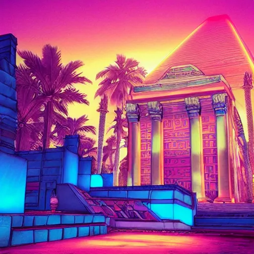 Prompt: a ancient egypt palace covered with blue and pink neons, retrowave art, trending on art station