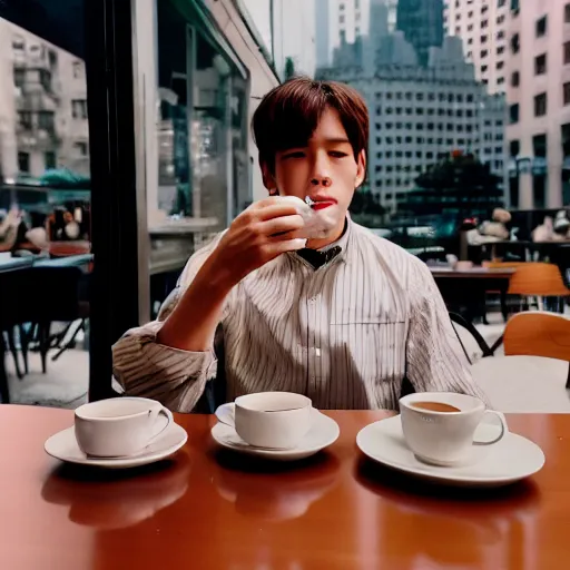 Image similar to a collection of vacation photos of byun baekhyun drinking tea in a cafe in downtown new york, photography, 5 0 mm, kodak film, uhd 8 k, stylistic blur