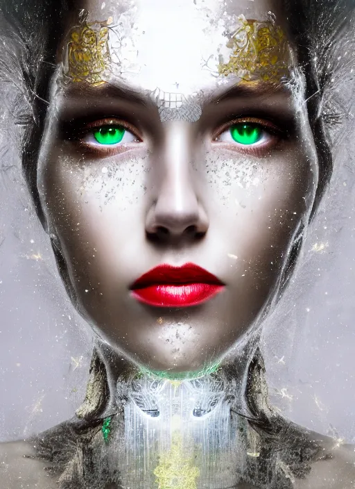 Prompt: double exposure effect, glowing silver and golden elements, full close-up portrait, realistic female model from shutterstock as a dark witch, book cover, green forest, white moon, red lips, establishing shot, extremly high detail, photo-realistic, cinematic lighting, pen and ink, intricate line drawings, by Yoshitaka Amano, Ruan Jia, Kentaro Miura, Artgerm, post processed, concept art, artstation, matte painting, style by eddie mendoza, raphael lacoste, alex ross