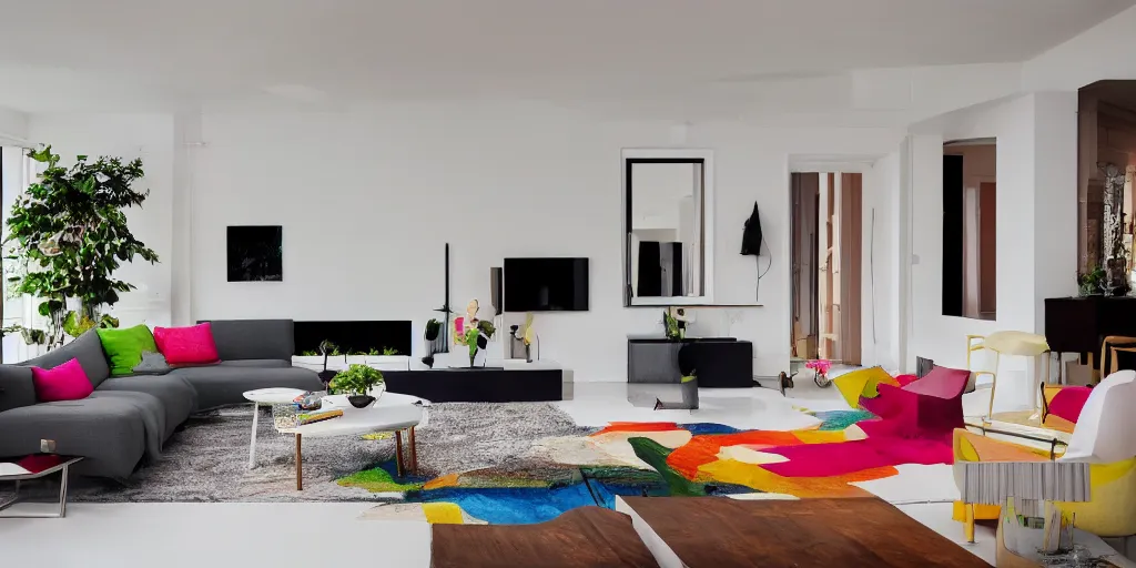 Image similar to photograph colourful minimalistic royal interior design living room, big open floor