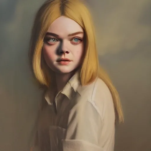 Prompt: ultra realistic medium shot portrait painting of elle fanning in prey, art by frank frazetta and henri - edmond across, 4 k, ultra realistic, highly detailed, epic lighting